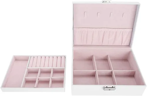 Vista 8 de TMISHION Caja organizadora de joyería, caja de almacenamiento, bandeja extraíble de 2 capas para aretes, pulsera de cuero, organizador de joyas