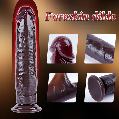 Vista 6 de Consolador Anal de Pene Negro de 9 Pulgadas Realista Grande con Prepucio Móvil, Consolador Largo y Grueso de Silicona Líquida para Punto G