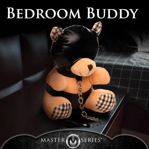 Vista 6 de MASTER SERIES Oso de Bondage con capucha para hombres, mujeres y parejas. Suave oso de peluche con temática BDSM M. Regalo lindo y sexy. 1 pieza