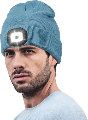 Vista 9 de Gorro LED unisex, linterna de invierno recargable por USB, gorro de Navidad con luz para hombre, esmeralda