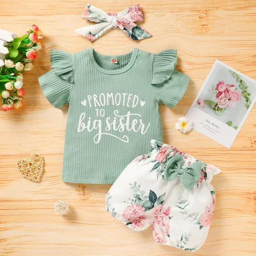 Vista 7 de Trajes florales para niñas y niñas, promovido a hermana mayor, camisa de manga corta + pantalones cortos con lazo floral + diadema, 3 piezas de ropa