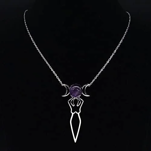 Vista 2 de PNJGoldent Wiccan Triple Moon StainlessSteel Necklace for Women Purple Crystal Triple Goddess Symbol Necklace Jewelry Bisuteria