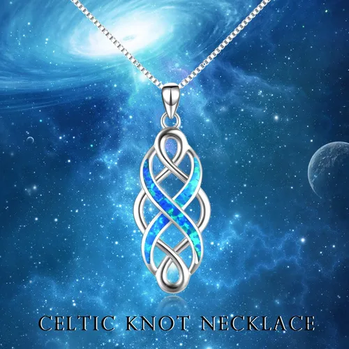 Vista 2 de YFN Collar con colgante de ópalo creado con nudo celta irlandés, collares negros de plata esterlina para mujeres y hombres de 18 pulgadas