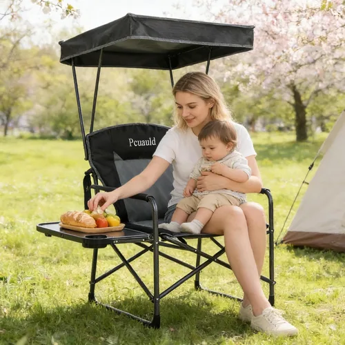 Vista 2 de Sillas de campamento de gran tamaño con dosel, silla plegable de directores con mesa auxiliar y bolsillos, sillas plegables portátiles para adultos