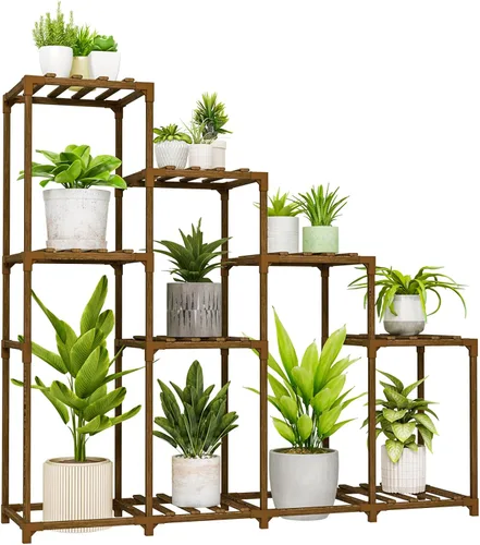 Vista 23 de Bamworld - Soporte esquinero para plantas de interior y exterior, mesa pequeña para varias plantas, estante de madera para jardín, patio, césped