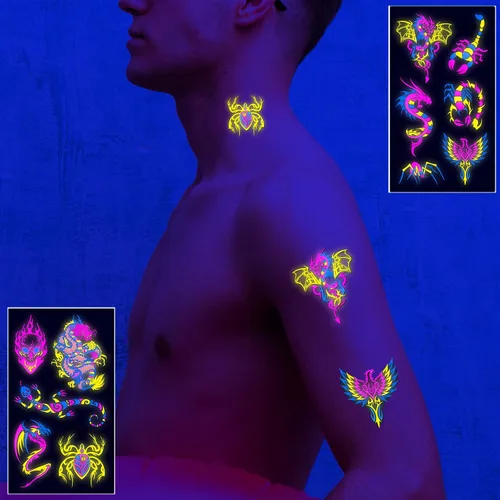 Vista 3 de Tatuajes temporales de neón que brillan en los rayos UV, calcomanías de tatuajes de neón 61 estilos de brillantina, dragón, escorpión, araña
