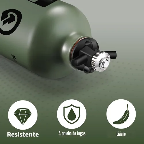 Vista 2 de Botella de combustible 1L para acampar al aire libre con válvula de seguridad, verde militar
