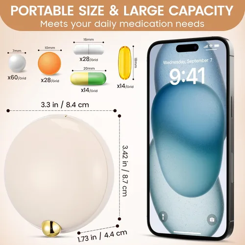 Vista 2 de iplusmile Organizador de píldoras de viaje, 4 compartimentos, pastillero portátil, caja de medicina diaria para vitaminas grandes, contenedor a