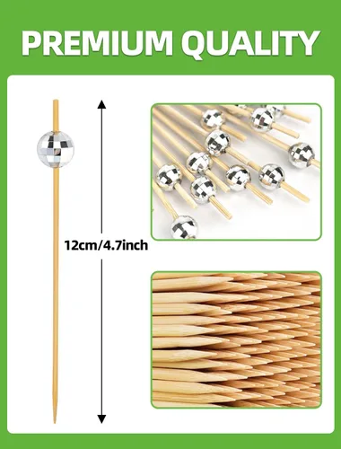 Vista 2 de 100 piezas de palillos de cóctel, palillos de dientes decorativos de bola de discoteca para aperitivos, pinchos de cóctel plateados para aperitivos