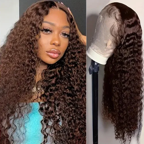 Vista 34 de Peluca de cabello humano con encaje frontal 99j borgoña ondulada profunda, 13x4, peluca frontal prearrancada, densidad del 180%, peluca rizada