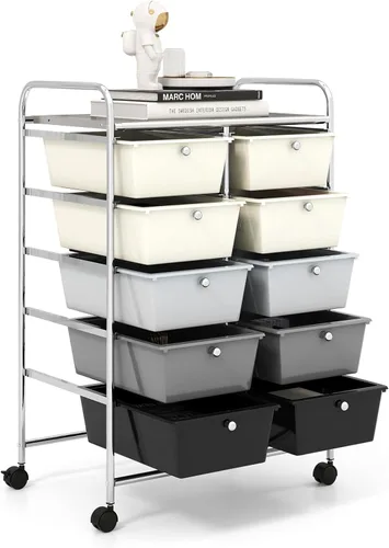 Vista 30 de GOFLAME Carrito de almacenamiento rodante de 9 cajones, carrito de utilidad móvil con cajones extraíbles y marco de metal, carrito organizador