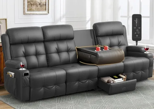 Vista 31 de Sofá reclinable, sofá reclinable con masaje de 3 plazas con gran capacidad de peso, sofá de dos plazas para RV con espacio libre con consola, USB
