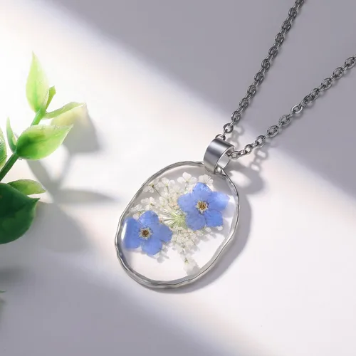 Vista 40 de Forget-Me-Not and Queen Anne's Lace Pressed Wildflower Necklace Birth Month Real Flower Necklace Gold/Silver Pressed Flower Jewelry