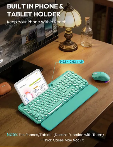 Vista 4 de Combo de teclado y mouse inalámbricos: teclado retroiluminado con reposamuñecas magnético y soporte para teléfono, teclas redondas iluminadas, juego