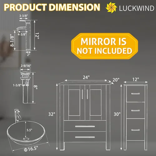 Vista 2 de LUCKWIND 60" Double 24" Bathroom Vanity with Sink Combo, Elegant Series with One 12.6-in Side Cabinet, Painted Frame, Including Tempered Glass Round