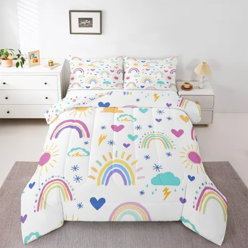 Vista 23 de Erosebridal Juego de edredón arcoíris de 2 piezas, edredón de nube de dibujos animados kawaii iridiscente individual para niños, niñas, mujeres