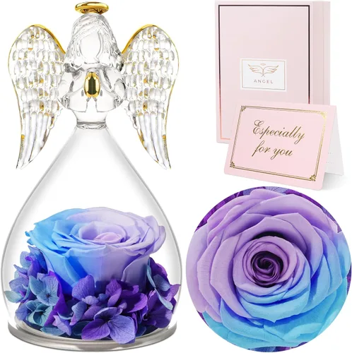 Vista 22 de Sunia Regalos para mamá, regalos de cumpleaños para mujeres, rosas reales preservadas en figura de ángel de cristal, flores eternas para la entrega