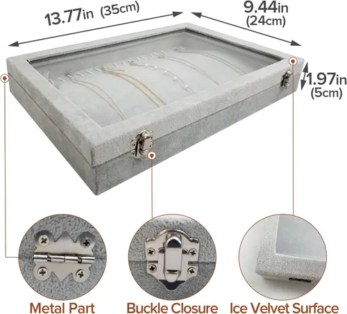 Vista 6 de Caja organizadora de collares de terciopelo para mujer, 20 ganchos para almacenamiento de collares con tapa transparente (gris)