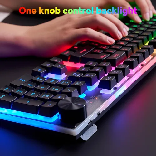 Vista 2 de Teclado y mouse inalámbricos para juegos con perilla y combo de mouse USB dongle 2.4G recargable con batería de 3000mAh, panel de acero inoxidable
