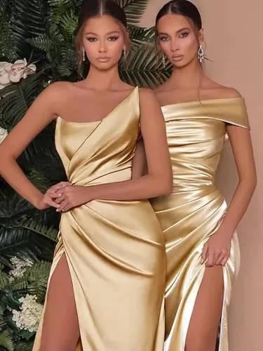 Vista 3 de Vestidos de dama de honor de un hombro para mujer, vestidos de sirena de satén con abertura, vestidos de fiesta formales plisados PA382