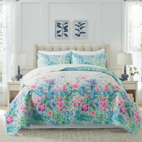 Vista 21 de NEWLAKE - Juego de cubrecama reversible de microfibra bordada con patrón floral en relieve en jacquard beige, tamaño queen