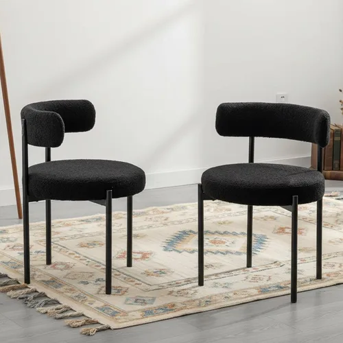 Vista 31 de Juego de 2 sillas de comedor Boucle, sillas de comedor beige con asiento tapizado y respaldo redondo, sillas de cocina modernas de mediados de siglo