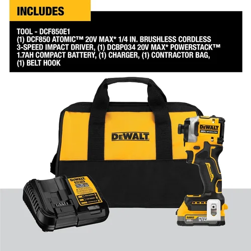 Vista 2 de DEWALT Kit de taladro de impacto inalámbrico ATOMIC de 20 V, 1/4 de pulgada, batería y cargador incluidos (DCF850E1)