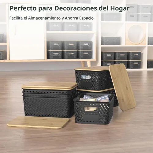 Vista 7 de Contenedores de almacenamiento de plástico con tapas de bambú, canastas pequeñas apilables para organización y contenedores para estantes, cajones
