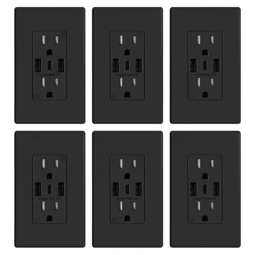 Vista 11 de ELEGRP Tomacorrientes de pared USB, Receptáculos de tomacorrientes de pared USB C de 3 puertos, tomacorrientes negro mate de 15 amperios con 3