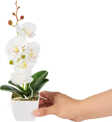 Vista 9 de Restaurantware - Orquídeas artificiales de 4 x 14 pulgadas, 12 orquídeas falsas en maceta, 5 flores, uso como centro de mesa, decoración del hogar u