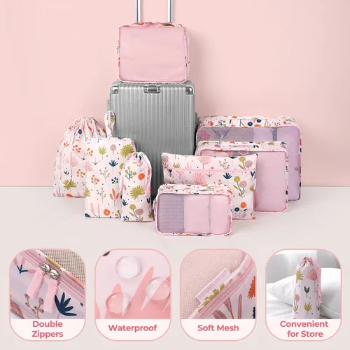 Vista 4 de Juego de 8 cubos de equipaje de viaje, organizadores de equipaje de viaje, estampado floral