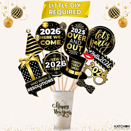 Vista 5 de KatchOn, Accesorios para cabina de fotos de Nochevieja 2024 – Paquete de 35 Accesorios de cabina de fotos de Año Nuevo dorado y negro