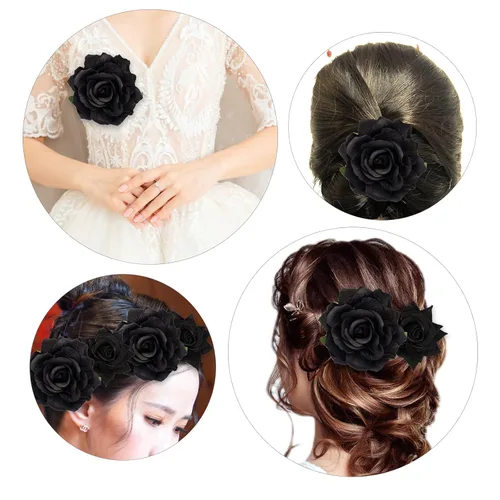 Vista 5 de Topbuti Pinza para el pelo de rosa, 4 piezas de tela, pinzas para el cabello mexicano, tocados para mujer, niña, boda, fiesta, día de la madre Negro