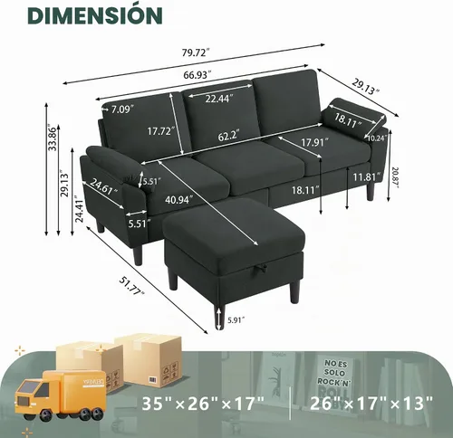 Vista 2 de Sofá modular convertible de 80 pulgadas, sofá pequeño en forma de L de 3 asientos con diván de almacenamiento reversible, sofá moderno de tela
