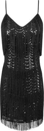 Vista 5 de kayamiya Vestido largo con flecos para mujer, con cuello en V, tirantes delgados, lentejuelas, vestido de fiesta de los años 20, disfraces de Gran