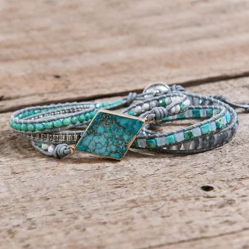 Vista 5 de Ygline Pulsera bohemia hecha a mano, con piedra de cristal, envolvente, de cuero, para mujer