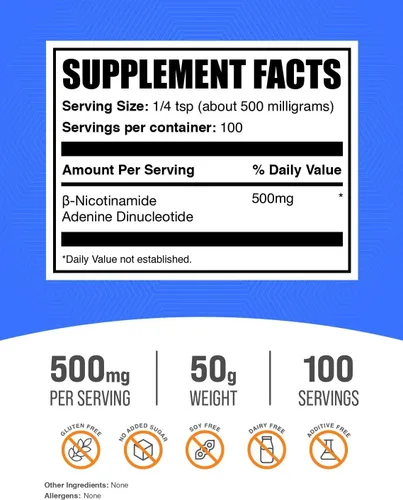 Vista 2 de BulkSupplements.com Polvo NAD - Dinucleótido de nicotinamida adenina, suplemento de NAD 500mg - para apoyo energético, puro y sin gluten, 500mg por