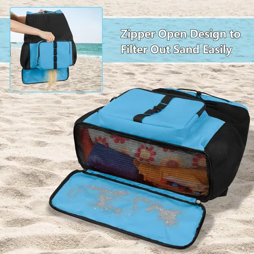 Vista 3 de Fasrom Mochila de playa de malla con cremallera inferior, mochila deportiva para gimnasio, natación, playa, piscina y viajes (diseño patente), Azul
