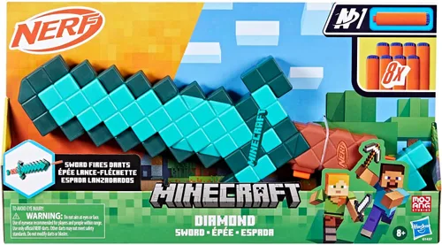 Vista 2 de Nerf Minecraft Sword Dart Blaster, Cebado de Retroceso, Borde de Espuma, 8 Dardos N1, Edades 8+