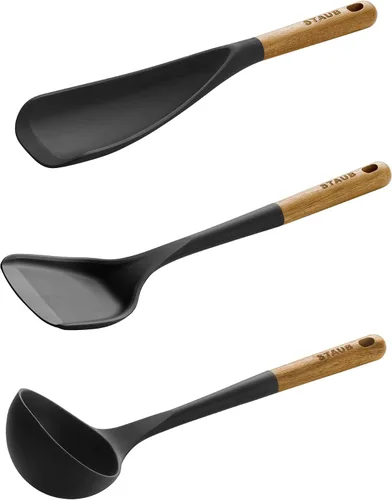 Vista 3 de Staub Juego de utensilios de cocina de silicona con mango de madera, negro mate, 3 piezas