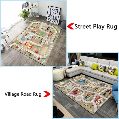 Vista 5 de Alfombra de juegos para niños para autos de juguete y tren, alfombra de área de juegos con respaldo de goma, divertida alfombra decorativa, regalo