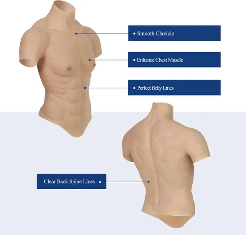 Vista 3 de ROANYER Traje muscular de silicona para hombre, realista, pecho de silicona masculino, vientre muscular falso, para cosplay transgénero