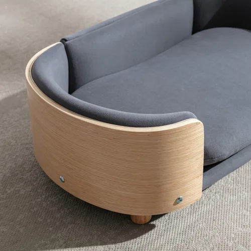 Vista 6 de Cama elevada para perros de estilo escandinavo con marco de madera maciza, sofá ortopédico para mascotas con funda extraíble lavable, muebles