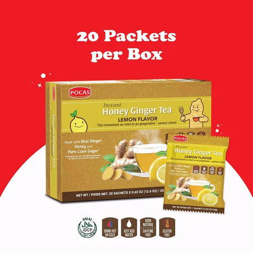 Vista 2 de Pocas Honey Ginger - Té instantáneo en polvo, sabor a limón, paquete de 2, extracto de jengibre y miel real, té sin cafeína, 20 paquetes por caja