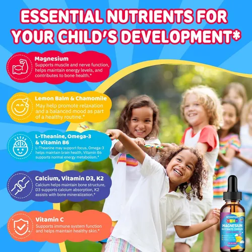 Vista 3 de Gotas líquidas de glicinato de magnesio para niños, con L-teanina, omega-3, vitaminas B6 y D3, zinc y calcio, para apoyo al sueño, relajación