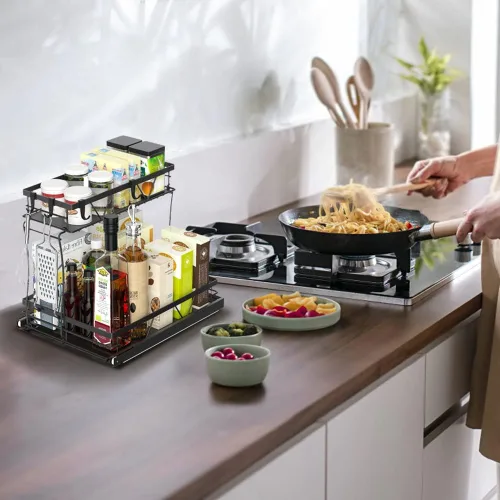 Vista 7 de AOSITE Organizador de armario extraíble de 2 niveles para baño debajo del fregadero, organizador y almacenamiento de cocina, pequeño almacenamiento