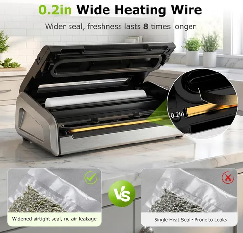 Vista 4 de Bonsenkitchen Sellador al vacío para alimentos, máquina selladora al vacío de alimentos con una sola mano con temporizador digital, sello más ancho