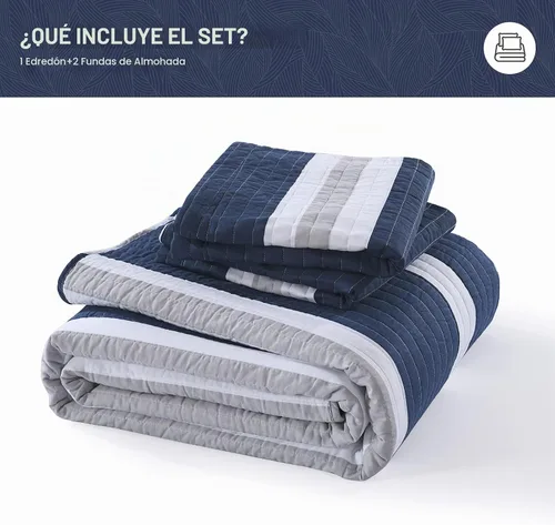 Vista 6 de SahSahCasa Juego de edredón tamaño Queen, juego de edredón 100% algodón, edredón a rayas azul marino, juego de ropa de cama acolchado tamaño Queen