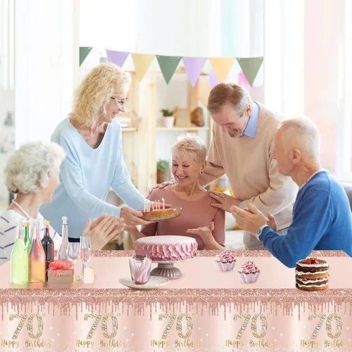 Vista 5 de Pack de 3 manteles de cumpleaños número 70 para mujer, rosado y dorado, mantel de plástico desechable rectangular para fiesta de cumpleaños número