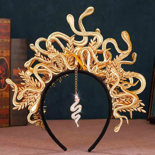 Vista 2 de GORTIN Medusa - Diadema de serpiente dorada para disfraz de Halloween, tocado de diosa griega, mascarada, cosplay, accesorios para el cabello